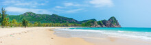 Secluded Tropical Beach Turquoise Transparent Water Palm Trees, Bai Om Undeveloped Bay Quy Nhon Vietnam Central Coast Travel Destination, Desert White Sand Beach No People Clear Blue Sky, Expansive