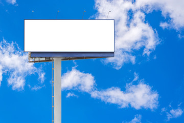 Street empty blank billboard for outdoor advertising poster with copy space on blue sky background. Billboard mockup outdoors