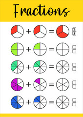 fractions addition, printable worksheets for kids , math worksheet for kids, fraction addition probl