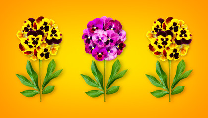 Three offbeat flowers on a sunny orange background. Composition of multi-colored pansies with peony leaves. Art object.