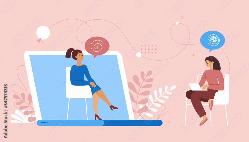 Vector illustration in flat  simple style - online psychological help and support service - psychologist and her patient having video call using modern technology app - obrazy, fototapety, plakaty 