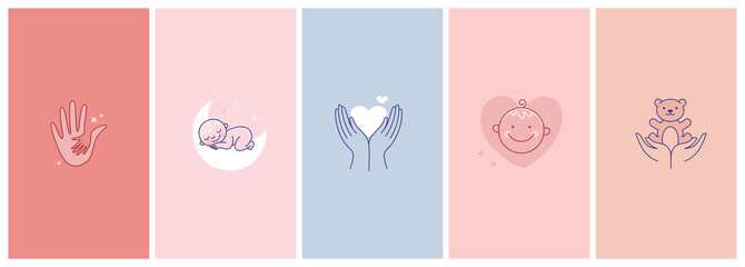 vector set of abstract logo design templates in simple linear style - motherhood emblems, hands and 