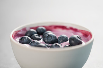 Wall Mural - Blueberry yogurt with whole berries in white bowl on concrete background