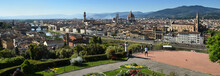 Cityscape of Florence from Piazzale Michelangelo. From Left to Right, Old Bridge, Cathedral of Santa Maria del Fiore and Basilica of the Holy Cross. Italy.