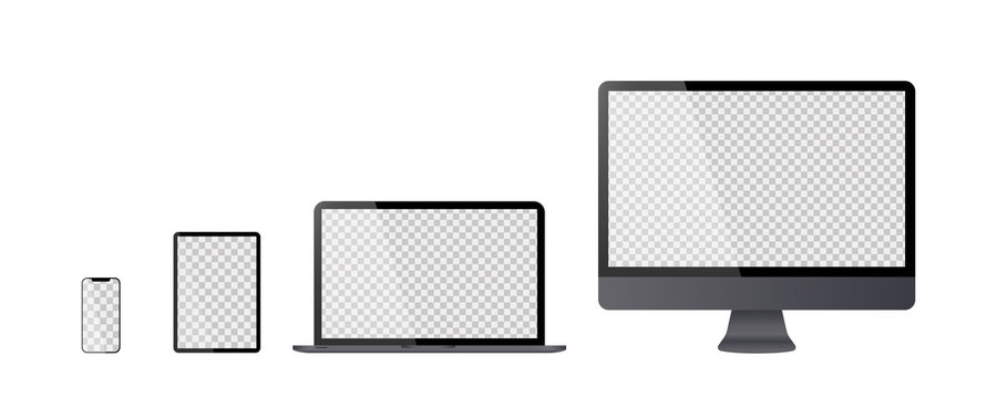 Devices mockup in realistic trendy design on transparent background. Vector isolated devices illustration. Set of computer laptop tablet and smartphone with empty screens. Mock up. EPS 10