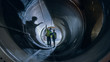 © Gorodenkoff - Two Heavy Industry Engineers Walking Inside Pipe, Use Laptop, Have Discussion, Checking Welding. Construction of the Oil, Natural Gas and fuels Transport Pipeline. Industrial Manufacturing Factory