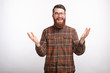 © Vulp - Bearded man wearing glasses is opening his arms getting ready to hug on white background.