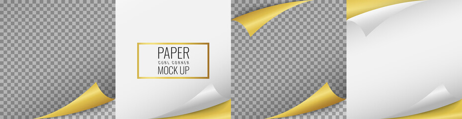Wall Mural - 3d realistic white and transparent paper mock up with golden curl corner. Sticky note paper reminder template. Blank sheet mockup for your design. Vector illustration