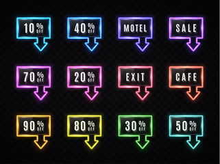 Wall Mural - Neon rectangle arrow sale banner set on dark transparent background. Glowing square light frame design with text. Color retro discount night sign Led tube technology pointer Bright vector illustration