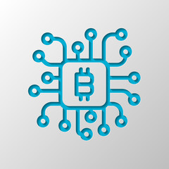 Poster - Linear bitcoin chip icon. Processor for farming. Paper design. Cutted symbol with shadow