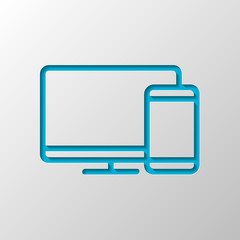 Poster - Computer and phone, outline linear icon. Paper design. Cutted symbol with shadow