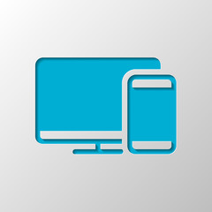 Poster - Computer and phone, technology icon. Paper design. Cutted symbol with shadow