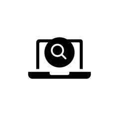 Poster - Laptop icon with research sign in black flat on white background, Notebook icon and explore, find, inspect symbol 