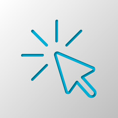 Poster - Computer pointer, cursor or mouse arrow, click, outline design. Paper design. Cutted symbol with shadow