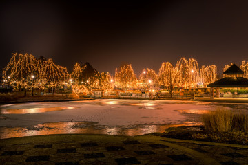 Wall Mural - Winter Night Landscape. Frozen Lake and Christmas lights, Schaumburg, IL