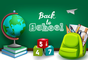 Back to school vector concept design. Back to school text in green chalk board with education supplies in bag, globe, books and colorful numeral cube elements. Vector illustration.