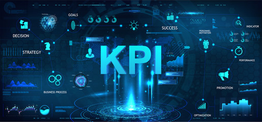 Poster - KPI futuristic banner in HUD style with aspects, graphics and icons. Business analytics (BA), Key Performance Indicator, metrics to measure achievement versus planned target. Marketing dashboard