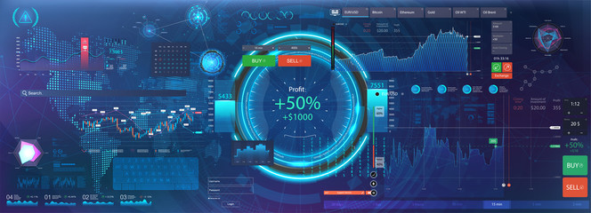 Wall Mural - Set graphics and charts, forex market and trading elements. Data and statistic, information and infographic. UI, UX, KIT and HUD interface. Futuristic infographics. Business background. Vector
