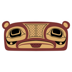 Isolated vector illustration. Stylized face of totem bear. Tribal animal decor. Native American folk art of Tlingit Indians.