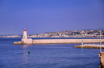 Wall Mural - The lighthouse at the Port of Nice on the Mediterranean Sea at Nice, France along the French Riviera.