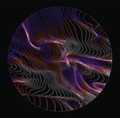 Poster - Illuminated holographic circle with glitched texture made by generative algorithm. Retrofuturistic illustration in 80s-90s synthwave and retrowave chromatic spectrum colors.
