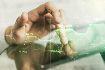 Poster - Abstract creative analytics data spreadsheet with finger clicks on a digital tablet on background, analytics and analysis concept. Multiexposure