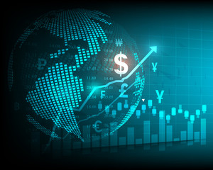 Stock market analysis and stock trading, currency symbols, business graphs and global money transfers