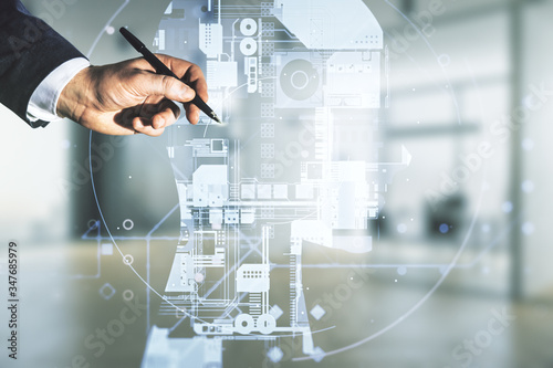 Cuadros en Lienzo Double exposure of man hand with pen working with creative artificial Intelligence hologram on blurred office background