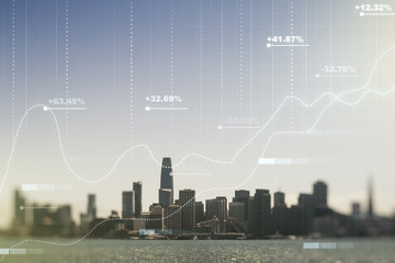 Poster - Double exposure of abstract creative statistics data hologram on San Francisco office buildings background, analytics and forecasting concept