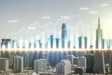 Multi exposure of virtual abstract financial diagram on San Francisco office buildings background, banking and accounting concept