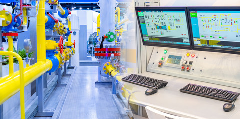Poster - complex gas distribution station equipment. yellow pipes and control panel at the enterprise. remote