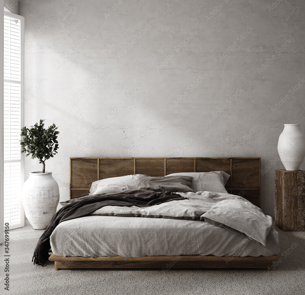 Luxury bedroom interior with minimal decor, loft style, 3d render - obrazy, fototapety, plakaty 