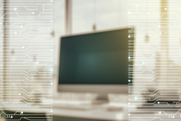 Poster - Creative abstract micro circuit sketch on modern laptop background, future technology and AI concept. Double exposure