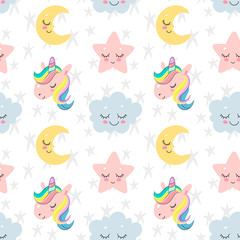 Wall Mural - Cute seamless pattern with sleeping moon, cloud, star and unicorn dreams