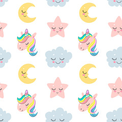 Wall Mural - Cute seamless pattern with sleeping moon, cloud, star and unicorn dreams