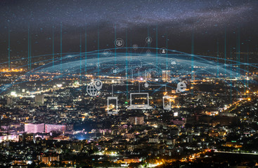 Poster - information technology and business communication worldwide, City network concept,  double exposure banner background