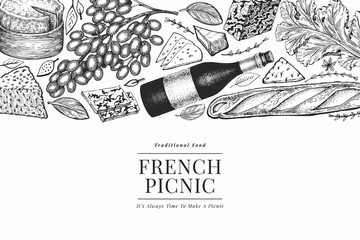 French food illustration design template. Hand drawn vector picnic meal illustrations. Engraved style different snack and wine banner. Vintage food background.