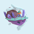 Young man in headphones with a backpack walking in nature near a mountain with blue trees, purple stones. Concept art of hiking and travel. Floating island in the clouds. 3d render in pastel colors.
