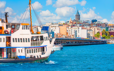 sea voyage with old ferry (steamboat) in the bosporus - dolmabahce palace seen from the bosphorus - 
