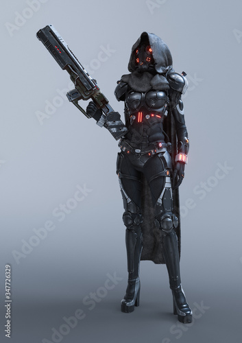Cyborg Woman Stands In An Attacking Pose With An Assault Gun In One Hand Sci Fi