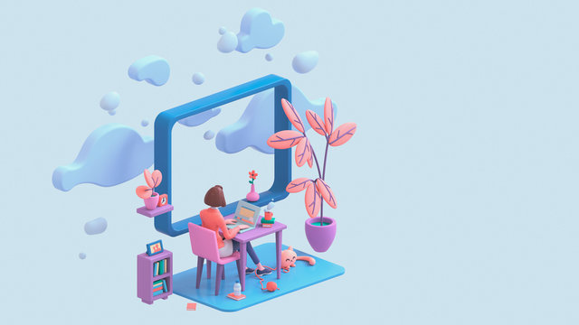 Casual brunette girl working on a laptop from home near a window with a view of the sky and blue clouds. Modern teenage girl room with workplace, books, cat, coral color plants. Pastel 3d illustration