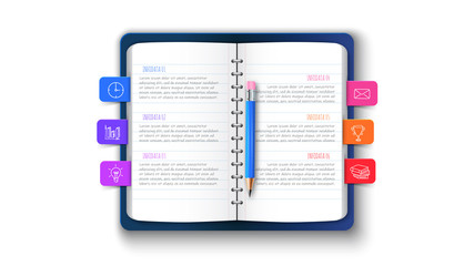 Template for education presentation with notebook and bookmarks for infographic. Business concept with 6 steps