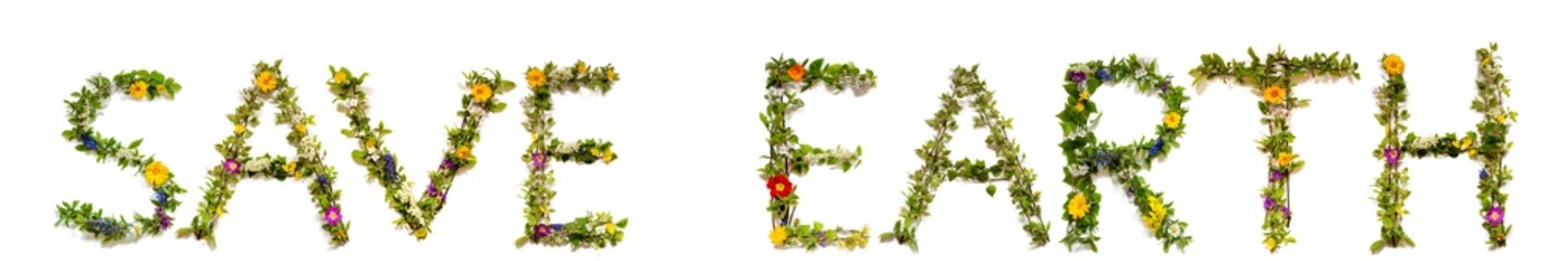 Wall Mural - Flower, Branches And Blossom Letter Building English Word Save Earth. White Isolated Background