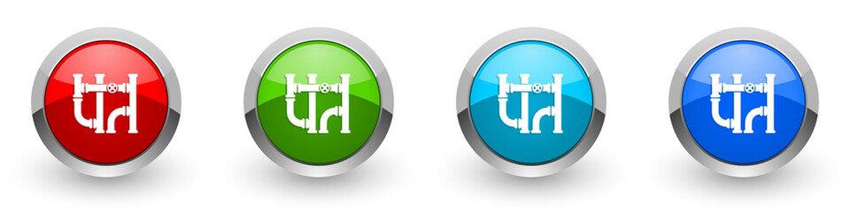 Poster - Pipeline silver metallic glossy icons, tube, pipe and industrial concept set of modern design buttons for web, internet and mobile applications in four colors options isolated on white background