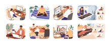 People Stay At Home. Men And Women Working, Doing Exercises And Yoga, Relax, Communicate With Family During Quarantine. Work, Leisure And Hobby On Isolation. Vector Illustration In Flat Cartoon Style.