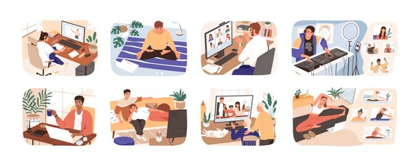 Wall Mural - people stay at home. men and women working, doing exercises and yoga, relax, communicate with family
