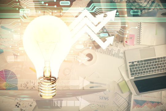Double exposure of man and woman working together and bulb drawing. Computer background. Top View. Idea concept.