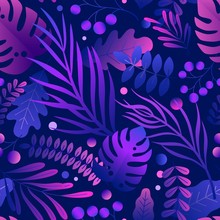Colorful Neon Exotic Leaves Gradient Tropical Vegetation Seamless Pattern. Trendy Jungle Lush Branches Purple Botanical Plant Vector Flat Illustration. Creative Design Isolated On Black Background