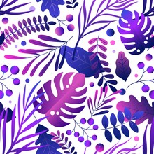 Trendy Gradient Colorful Neon Purple Leaves On White. Tropical Creative Curve Branches And Foliage Decorative Design Vector Flat Illustration. Exotic Jungle Botanical Plant Seamless Pattern