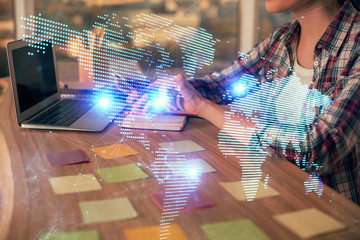 Poster - Double exposure of woman hands typing on computer and social network theme hologram drawing. People media concept.